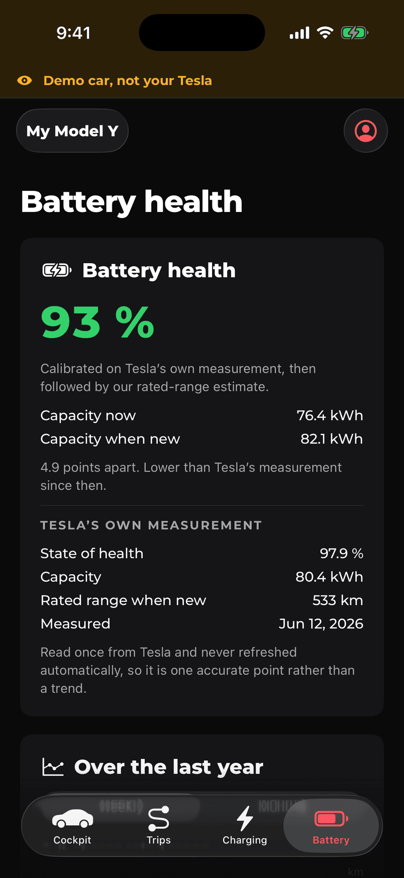 The DashM8 battery screen: a 93 per cent health figure above Tesla's own state of health of 97.9 per cent, each with the date and the readings behind it.