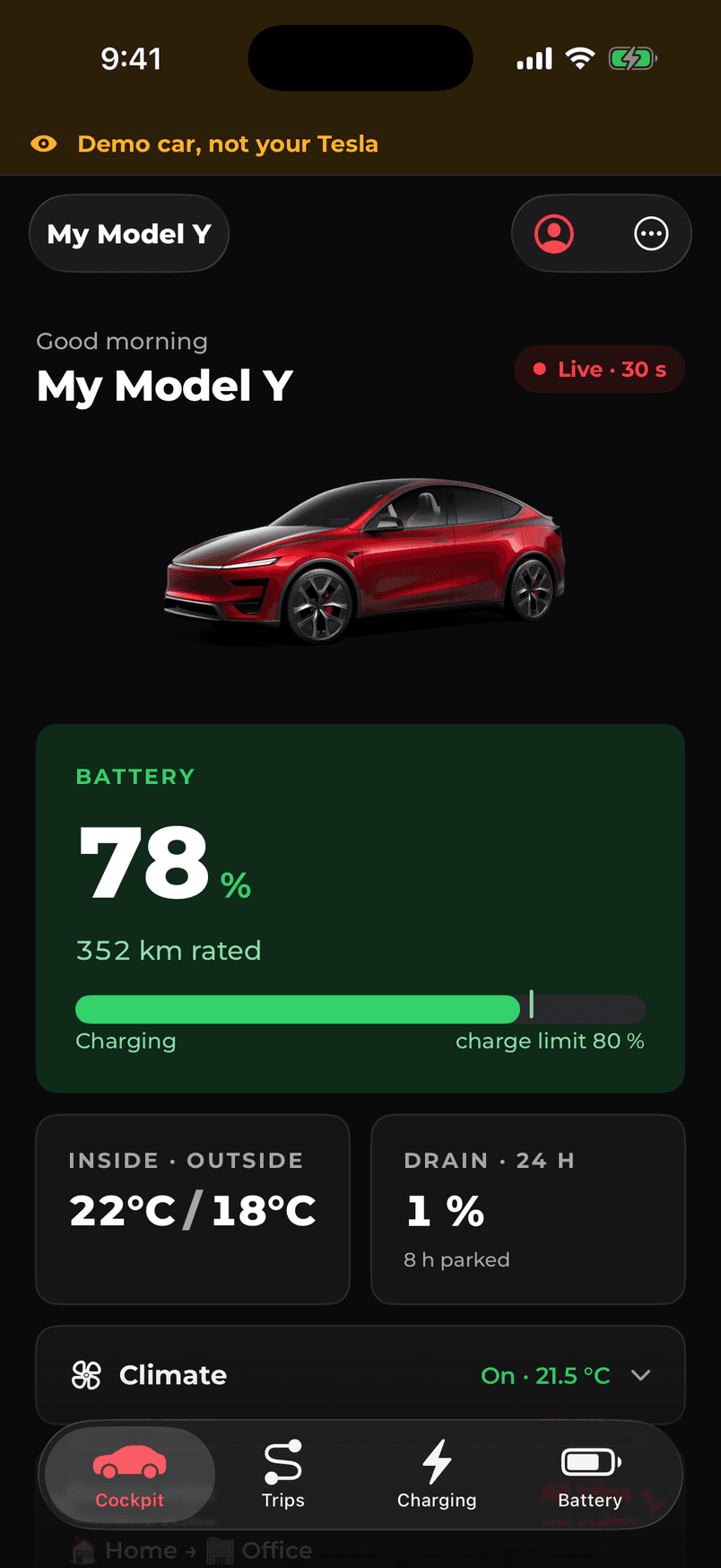 The DashM8 cockpit on a phone: the car's render, a live badge, battery at 78 per cent with 352 km rated, and tiles for inside temperature and parked drain.