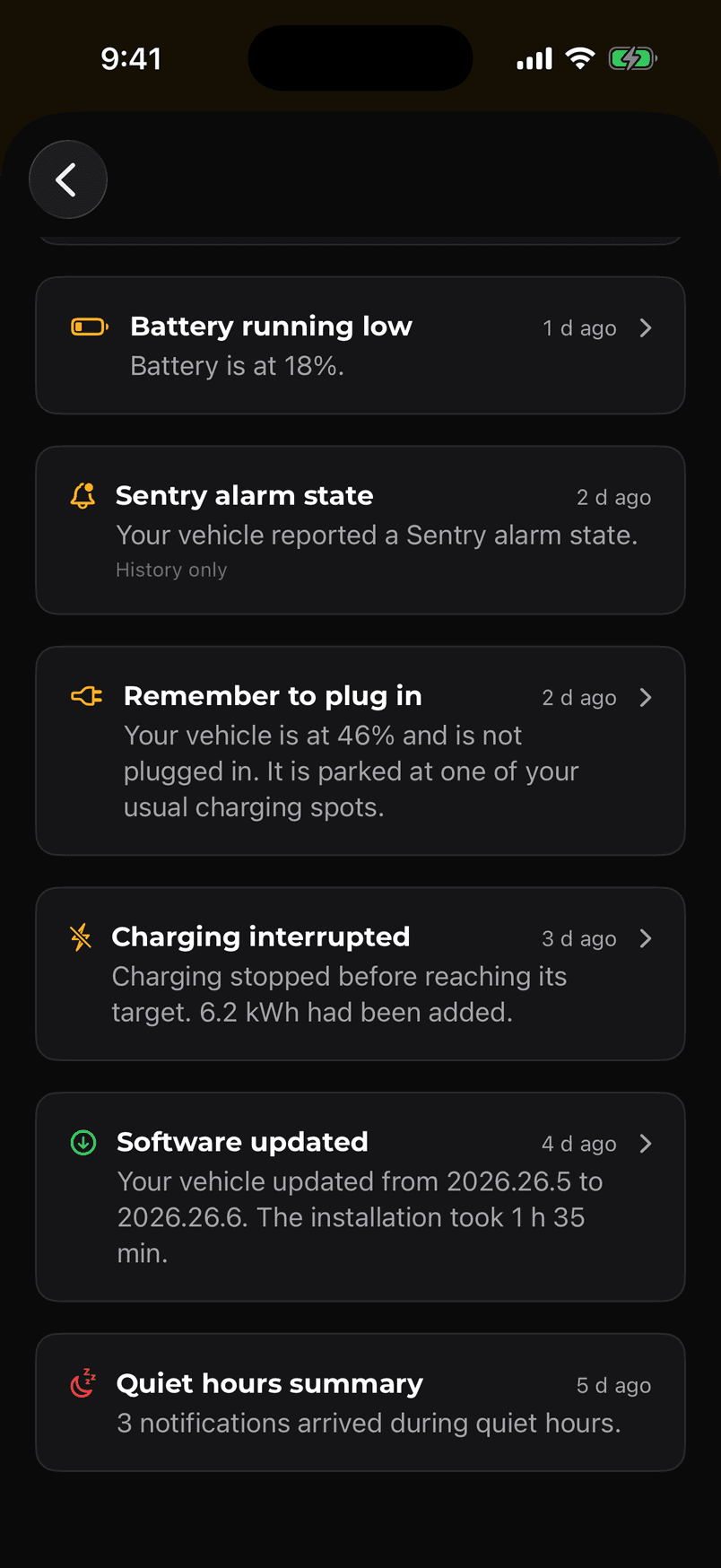A list of notifications DashM8 has already sent: battery running low, a Sentry alarm state, a plug-in reminder, an interrupted charge, a software update, and a quiet-hours summary.