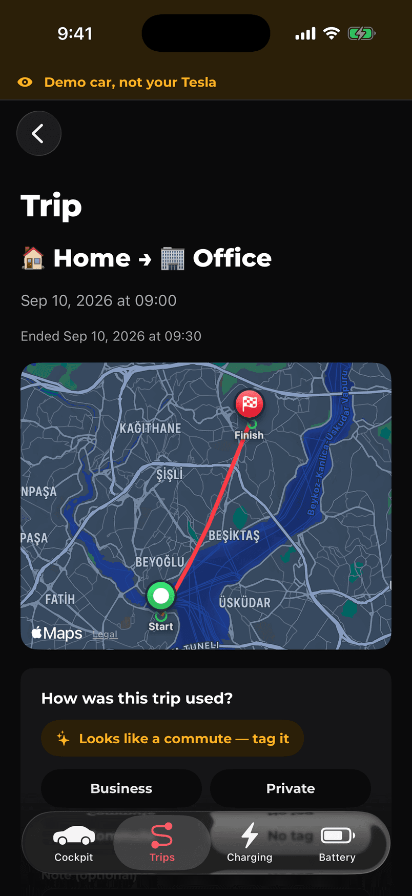 One trip in DashM8, with its route drawn on a map from the start pin to the finish pin.