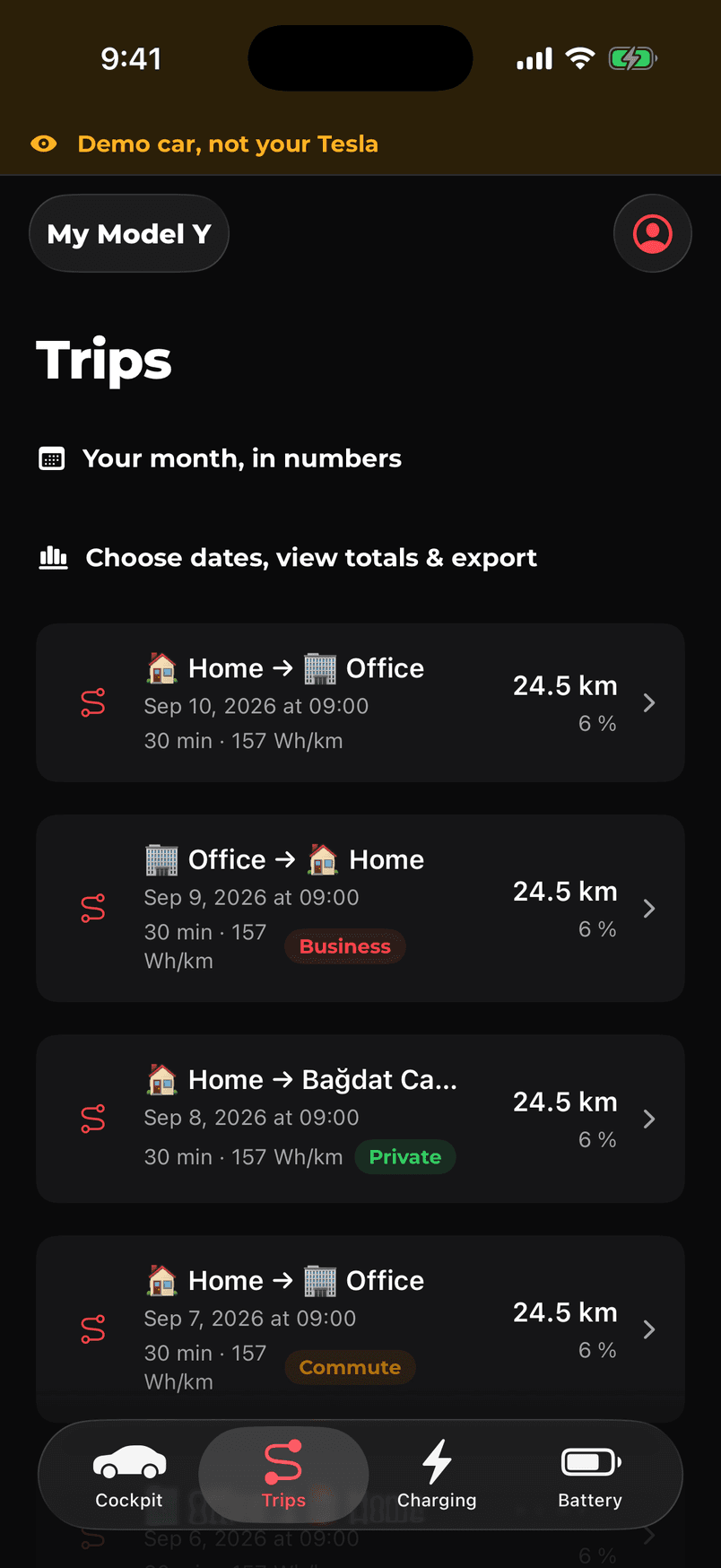 The DashM8 trip list on a phone, each trip tagged business, private or commute.